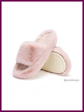 Memory Foam Faux Fur Lined Open Toe Slide Slippers Comfy Anti-Skid Sole
